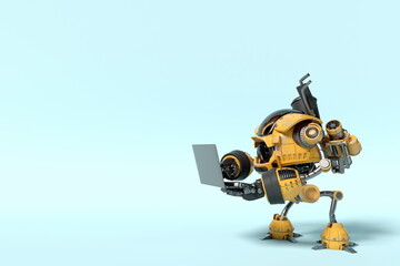Robot standing work in space using a laptop to work,3d rendering