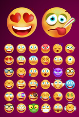 Set of Cute Emoticons on Dark Background. Isolated Vector Illustration 