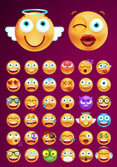 Set of Cute Emoticons on Dark Background. Isolated Vector Illustration 