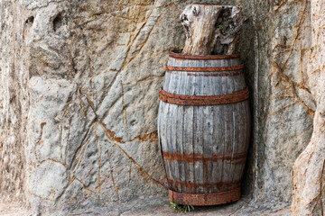 Old wooden barrel and tree trunk. Sperlinga, Sicily.