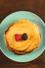 Overhead photo of homemade pancakes with copyspace