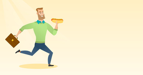 Business man eating hot dog vector illustration.