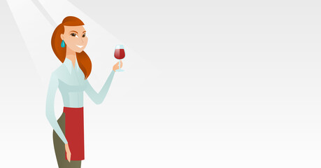 Waitress holding a glass of wine in hand.