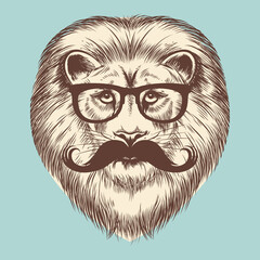 Hipster lion with eyeglasses and mustache. Vector animal vintage print design