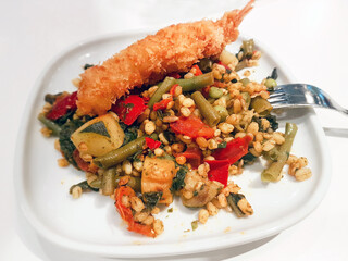 Dietary vegetable wheat pilaf with shrimp tempura
