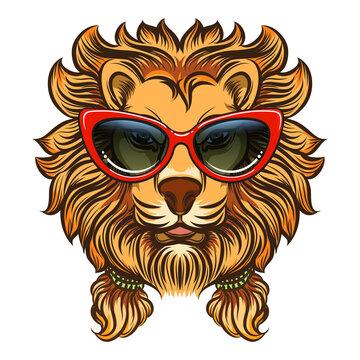Glam lion with red sunglasses. Vector summer style lion print isolated on white background