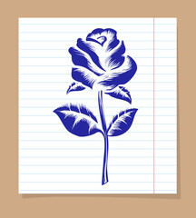 Drawing of rose on line notebook page vector