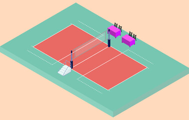 Isometric volleyball stadium with net, sand and judges place