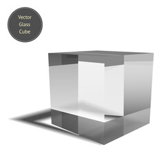 Vector glass cube isolated on white background. Realistic 3D glass block with glares and shadows. Vector illustration.