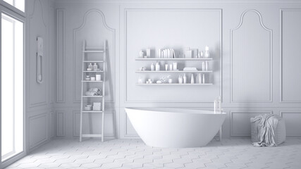 Total white scandinavian bathroom, classic white vintage interior design