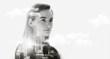Portrait of attractive business woman, Double exposure concept with business woman and panoramic...