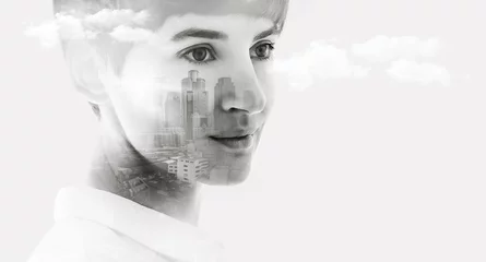 Double exposure city on the background, Portrait of attractive woman looking on future © fifeflyingfife