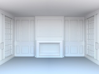 Living room with fireplace and mirrors. White interior. White floor