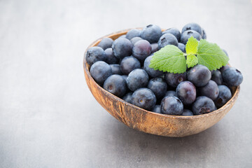 Fresh blueberries natural coconut in a bowl on a gray background.