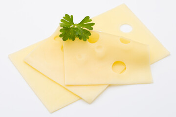 Cheese slices on white background cutout.