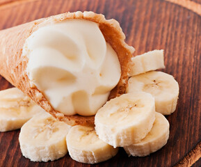 Ice cream on an old wooden background.