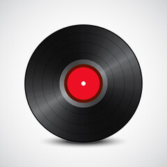 Black vinyl record, red in the middle, isolated on white background with shadow. Vector illustration