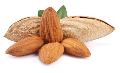 almond with green leaf isolated on white background