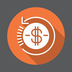 Refund flat icon. Round colorful button, circular vector sign with long shadow effect. Flat style design