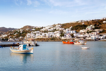 Fototapeta na wymiar A view of Mykonos port with boats, Cyclades islands, Greece