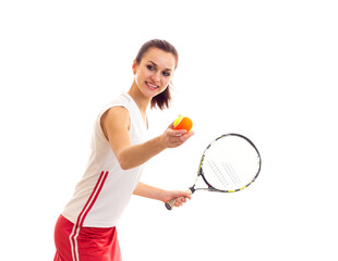 Naklejka na ściany i meble Woman with tennis racquet and ball