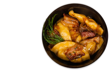 Dumplings with potatoes and bacon in a bowl. top view. isolated on white