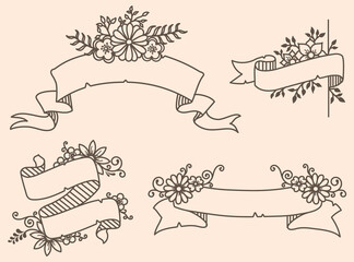 Vector illustration of a collection of floral ribbons. A set of beautiful wreath with flowers and branches for wedding invitations and birthday cards