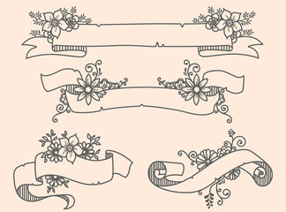 Vector illustration of a collection of floral ribbons. A set of beautiful wreath with flowers and branches for wedding invitations and birthday cards