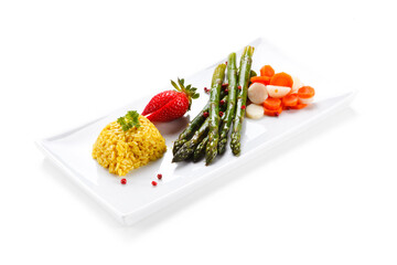 Fried asparagus with rice and vegetables on white background