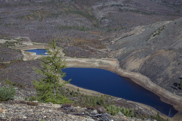 Drying the lake in a mountain valley. The highlands of Oymyakon, Yakutia.