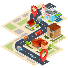 Obraz premium Vector illustration of the navigation map with gps icons. Image of a paper map with red pin pointers, 3D houses, cars, trees