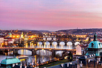 Fototapeta na wymiar Prague, Charles Bridge (Karluv Most) in the morning, the most beautiful bridge in Czechia. Czech Republic