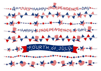 Vector set of USA flag border or garland design on white background for 4 july independence day or other celebration