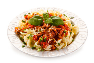 Pasta with meat and tomato sauce on white background