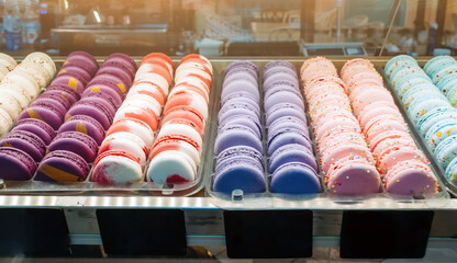 Colored cookies French macaroons series, variety.