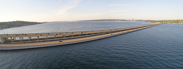 I90 Floating Bridge Traffic Seattle to Mercer Island Bellevue Over Lake Washington Panorama