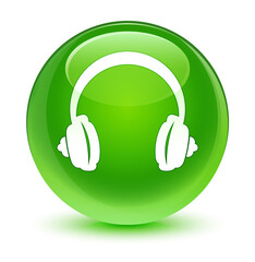 Headphone icon glassy green round button