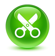 Scissors icon glassy green round button