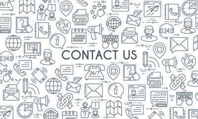Fototapeta na wymiar Contact us banner. Design template with thin line icons on theme customer service and support. Vector illustration