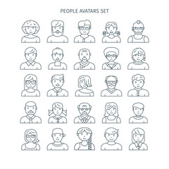 Thin line icons set of people avatars. Different age man and woman characters. Use for profile page, social network, social media.