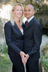 cheerful couple from america in outdoor park