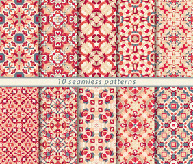 Vector set of ten seamless abstract patterns in ethnic style.