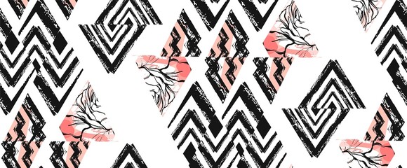 Hand drawn vector abstract freehand textured seamless pattern collage with zebra motif,organic textures,triangles isolated on white background.Wedding,save the date,birthday,fashion decoration.