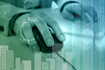 Concept of business analytics and modern technology. Man using mouse for work with computer, closeup
