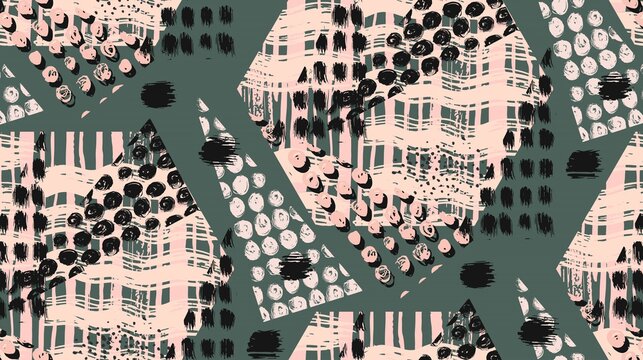 Abstract unusual hand made geometric seamless pattern or background with glitter, sharpen textures, brush painted elements. Poster, card, textile, wallpaper template.Pastel, black and white colors.