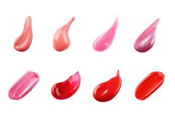 Samples of different color lip glosses on white background