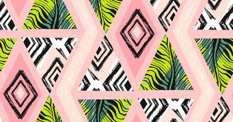 Hand getekende vector abstracte freehand getextureerde naadloze tropische patroon collage met zebra motief, organische texturen, driehoeken geïsoleerd op pastel achtergrond. Bruiloft, bewaar deze datum, verjaardag, mode decor
