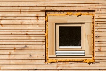 Wooden window. Foam window insulation on wooden construction. Building an eco-house. Heat...
