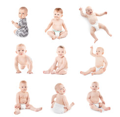 Childhood concept. Collage of cute babies on white background