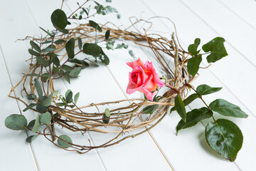 Eucalyptus, ivy and rose wreath on white wooden background